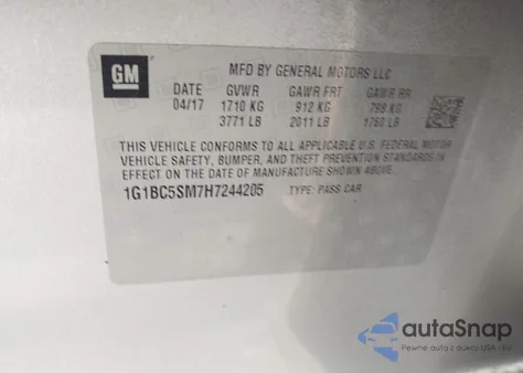 2017 Chevrolet Cruze Ls Auto из США, поврежденный, VIN 1G1BC5SM7H7244205